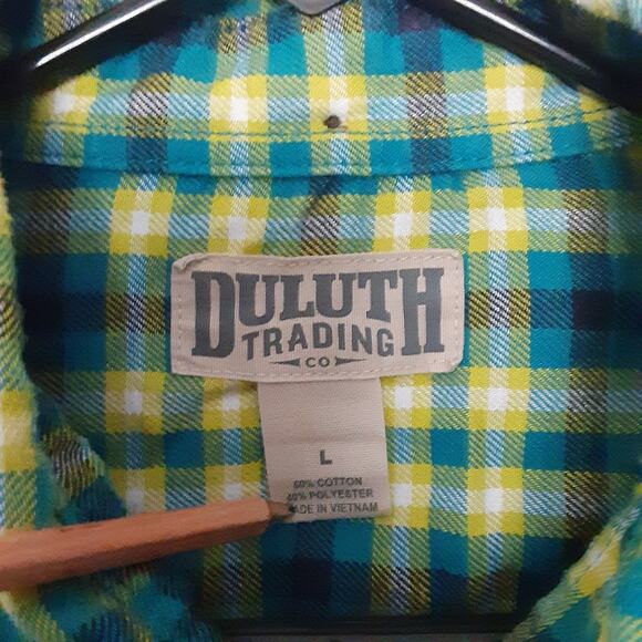 Duluth Trading Co Mens L Blue Yellow Plaid Shirt Long Sleeve Button Down Pockets - Picture 5 of 8